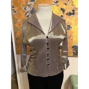 Xscape by Joanna Chen Metallic Champagne Ruched Button Front Blouse Top Size 14